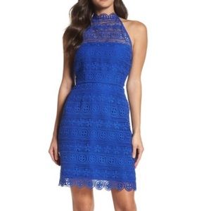 BB Dakota Blue Eyelet Lace High Neck Cutout Dress